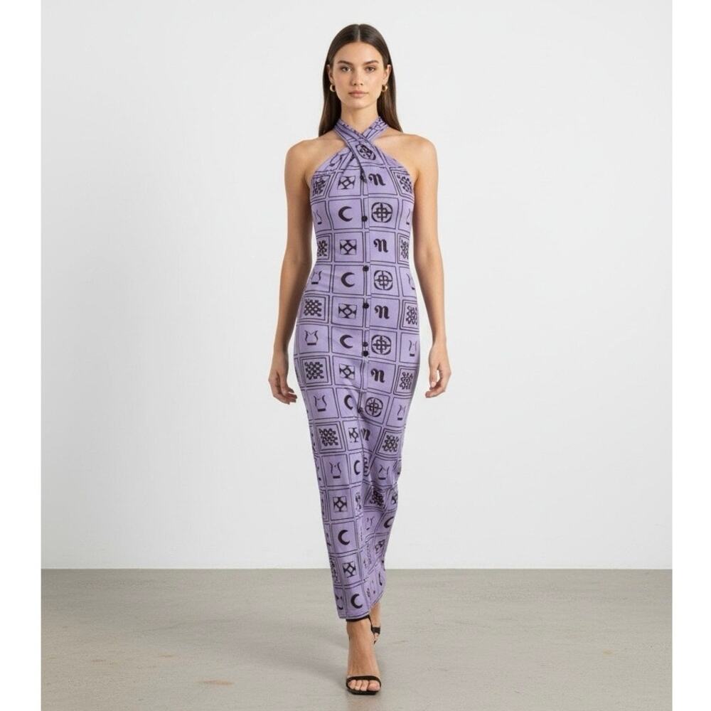 Nanushka 100% Silk Elima Totem-Print Halterneck Maxi Dress Size M NWOT